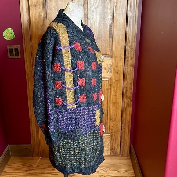 Vintage Sandra Miller Handloomed Artwear Cardigan OS in Black, Purple Red olive - Picture 9 of 16